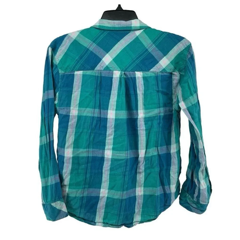 Arizona Jean Co Girl’s Green Pink Cotton Modal Plaid Button Front Top XL 16